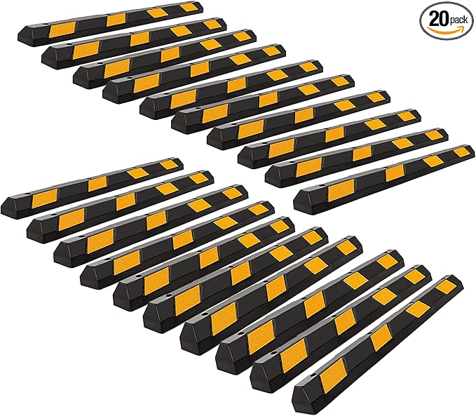 ZONETECH Large Heavy Duty Rubber Parking Curb – 72” Premium Quality Auto Garage Wheel Stopper Professional Grade w/Yellow Reflective Tape for Car, Truck, Trailer and RV (20-Pack)