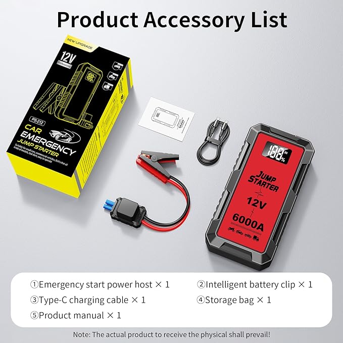 Car Battery Jump Starter with 6000A Peak Smart Clip LCD Display and 3 Modes Flashlight for Up to All Gas and 10.0L Diesel Engine 12V Auto Battery Booster Jumper Cables Portable Lithium Jump Box