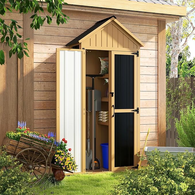 Outdoor Storage Cabinet with Shelf, Wood & Metal Storage Shed with Lockable Doors & Sloping Roof, Outdoor Cabinets Weatherproof for Patio Backyard, Garden Shed Tool Shed and Accessories, Brown