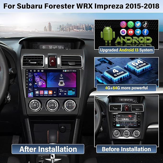 UNITOPSCI 4G+64G Radio for Subaru Forester WRX Impreza 2015-2018 Android Car Stereo CarPlay Android Auto Bluetooth 5.0 GPS 9 Inch 1280 * 720 Touchscreen DSP 32 EQ FM/RDS WiFi SWC Backup Camera Mic