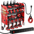 Power Tool Organizer Wall Mount with Charging Station,Tool Storage Rack with 8 Outlet Power Strip,Heavy Duty Metal Battery Utility Rack with 4 Cordless Drill Holder 6.56 Ft Cord for Garage
