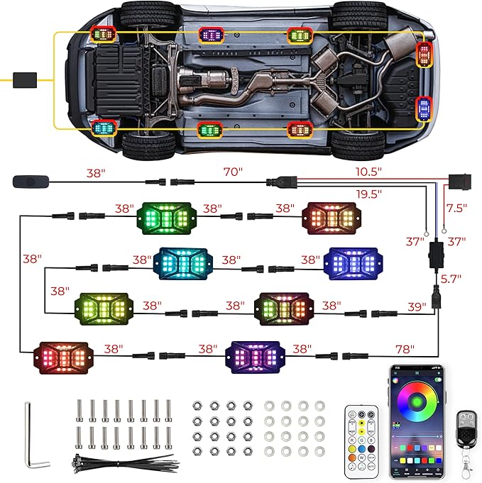 8 Pods 168 LEDs 5 Sides RGB Rock Lights, App/Remote Control Rock Lights for Trucks, Waterproof Multi-Color Bright Underglow Kits with Music Mode, Compatible with 12V Jeep UTV SUV ATV Golf RZR