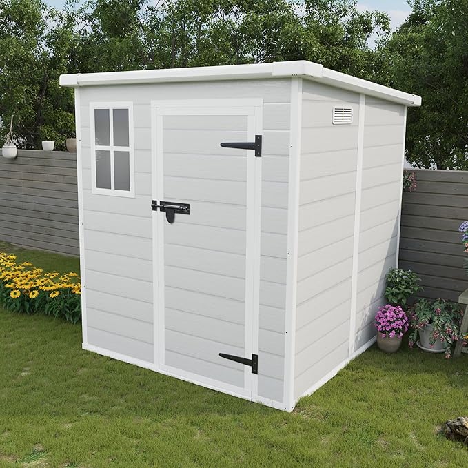 MyVoice 6x6 FT Outdoor Resin Storage Shed with HD Window, Rustproof Waterproof Garden Tool Shed, 12mm Thickened PP Panels, Large Capacity Outdoor Utility House for Backyard Patio (with Floor)