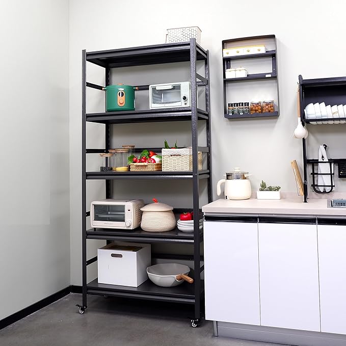 TOPKEY Metal Storage Shelf Garage Storage Shelves, Heavy Duty 5-Tier Utility Shelves for Kitchen, Warehouse, Pantry Shelves with Wheels, 72" H Adjustable Basement Storage Rack, Load 1750LBS