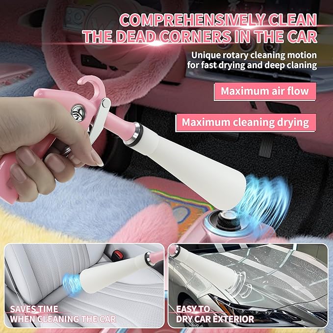 XIAOFENG Tornado Dry Cleaning Gun Detailing Interior Dryer Air Blow Gun with 2 Set Nozzle High Pressure Car Drying Blower Gun for Women Car Quickly Blasts Dirt and Dust from Surface Pink