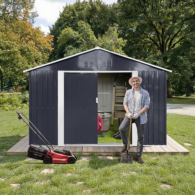 9 x 6.4 Ft Outdoor Storage Shed, Heavy-Duty Metal Shed with Windows & Secure Lockable Doors, Ideal Storage Shed for Outdoor, Patio, Garden, and Backyard, Anthracite