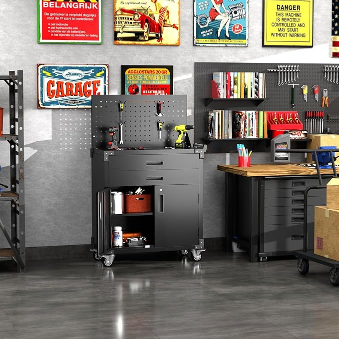 Black Tool Cart with Pegboard and 4 Hooks,Garage Storage Cabinet on Wheels with 2 Drawer,Industrial Service Utility Tool Cart for Mechanics, Garage, Workshop