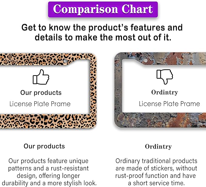License Plate Frames Leopard Print Fun License Plate Frame Protector Cute Cheetah Texture Aluminum Metal Car Accessory 2 Pack with Screw Covers Set
