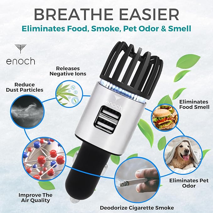 Enoch Car Air Purifier Premium Air Ionizer - 12V Plug-In Ionic Ozone Deodorizer Accessory with Dual USB Car Charger - Eliminates Cigarette Smoke, Pet and Food Odors, Dust (Gray Silver)