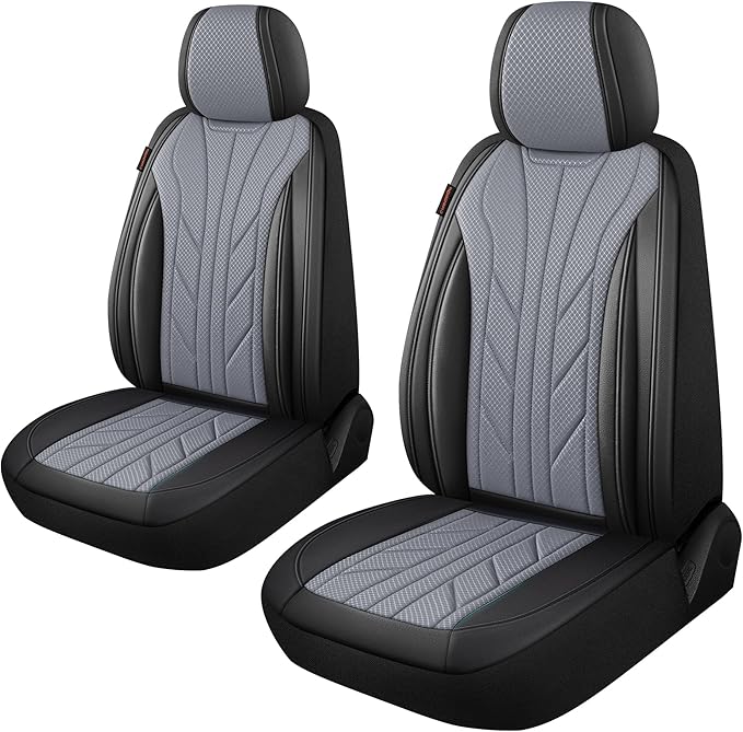 CAROMOP Luxury Faux Leather&Fabric Car Seat Covers 2 Front Seats with Breathable 3D Foam Back Support, Universal Seat Covers for Cars,Trucks,SUVs, Front Armrests Compatible(Black/Grey)