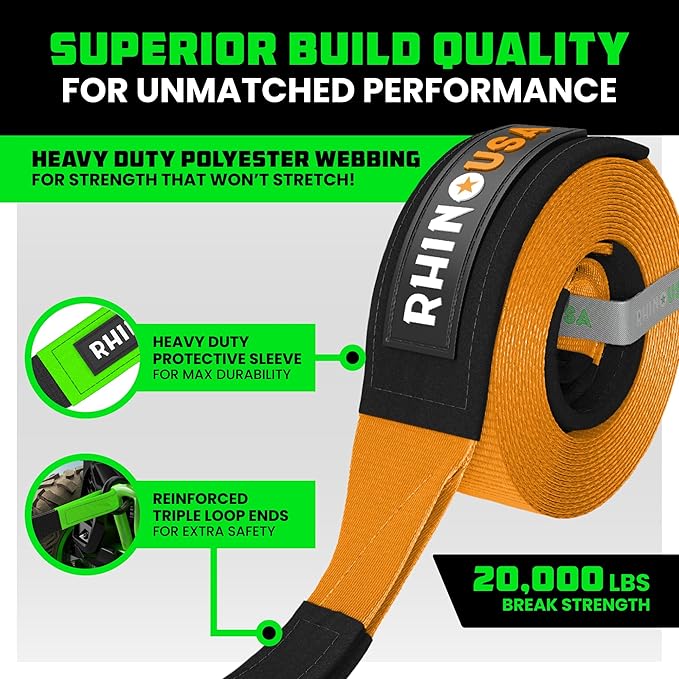 Rhino USA Recovery Tow Strap (2"x20')-20,024lb Break Strength- Emergency Recovery Strap Tow Rope for UTV, ATV & More-Heavy Duty Towing Strap for Offroad 4x4 Use-Compatible with RZR and Can-Am (Orange)