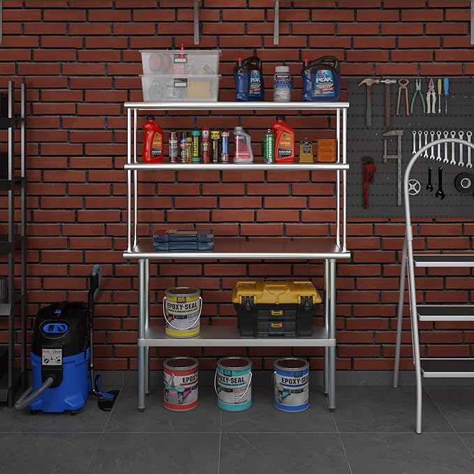 Amgood Stainless Steel Work Table Double Tier Overshelf | NSF 14" x 48" Work Table + 12" Overshelf