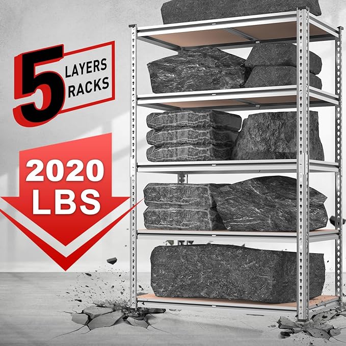 REIBII 2020LBS Garage Shelving Heavy Duty Metal Shelving 5 Tier Storage Shelves, Garage Shelves for Warehouse Basement, Easy Assembly, 72" H x 35.55" W x 16" D, Galvanized, 4 Pack