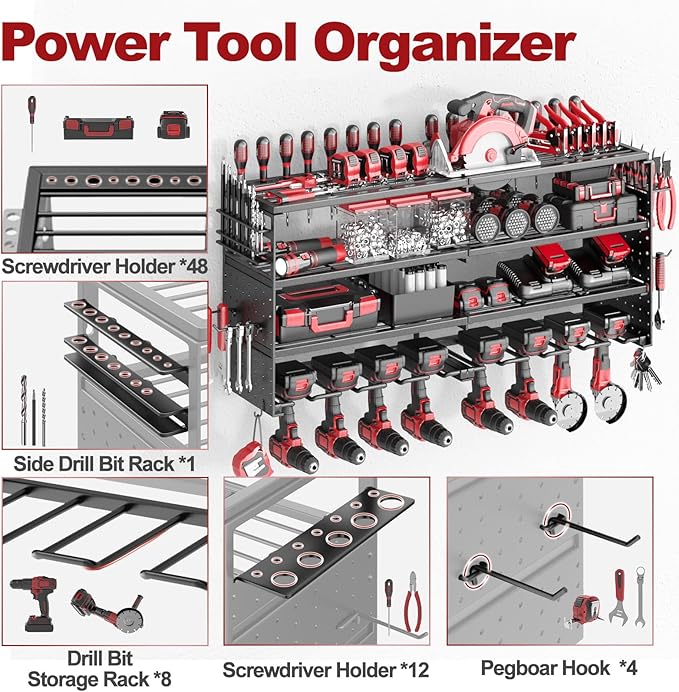 Power Tool Organizer Wall Mount, 4 Tier Tool Storage Rack with 8 Cordless Drill Holders, Heavy Duty Power Tool Shelf for Garage Organization Workshop