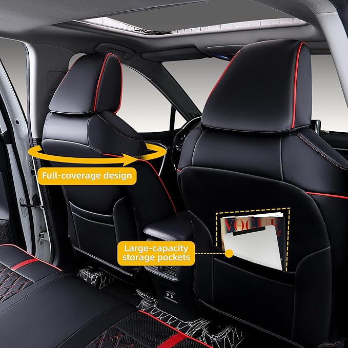 Custom Fit RAV4 Seat Covers for 2019-2025 Toyota RAV4 LE,XLE,XLE Premium,Limited Full Coverage Waterproof Leather Car Seat Covers Full Set (Black with Red Trim)
