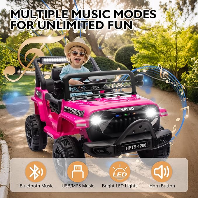 12V Ride on Electric Truck Car for Kids, 12V Kids Electric Vehicles w/Remote Control, Four-Wheel Suspension, USB, Bluetooth, Power Display, Lights, Battery Powered Ride on Toys for Boys Girls (Pink)