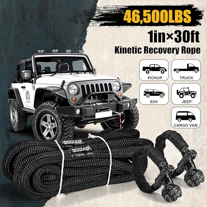 GODIAG 1"×30ft Kinetic Recovery Tow Rope (46500lbs) Heavy Duty Energy Rope with 2 Soft Shackles, 30% Elasticity Offroad Power Strap for Truck Jeep Car ATV UTV Tractor