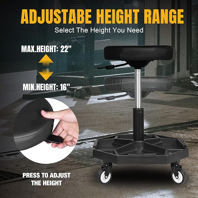 YELLOW JACKET Rolling Garage Seat with Wheels Adjustable Height Pneumatic Mechanic Stool 300Lbs Heavy Duty Shop Creeper Seat with 4 Removable Storage Tool Tray Workshop Chair for Auto Repair