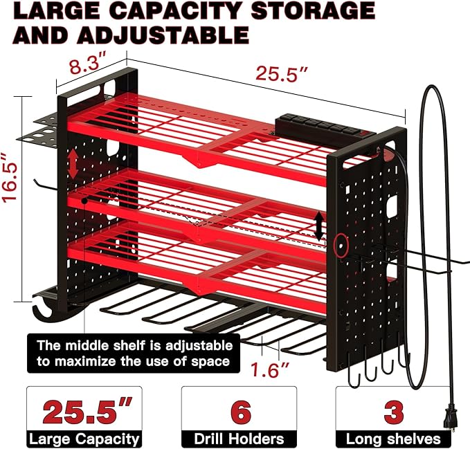 Power Tool Organizer Wall Mount with Charging Station 4 Layer 6 Slot Cordless Drill Holder with Angle Grinder Holder (Red)