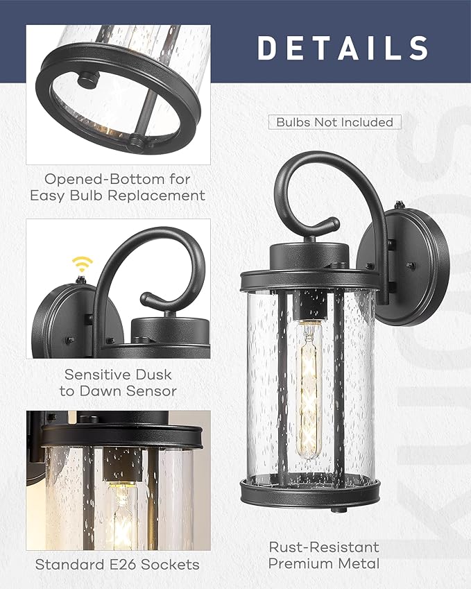 kudos Dusk to Dawn Outdoor Lighting, 15.8 inch Large Cylinder Porch Lights, Anti-Rust Waterproof Outdoor Wall Light for Patio, Garage, Black with Seeded Glass, KDOWL01-BK-L-LC