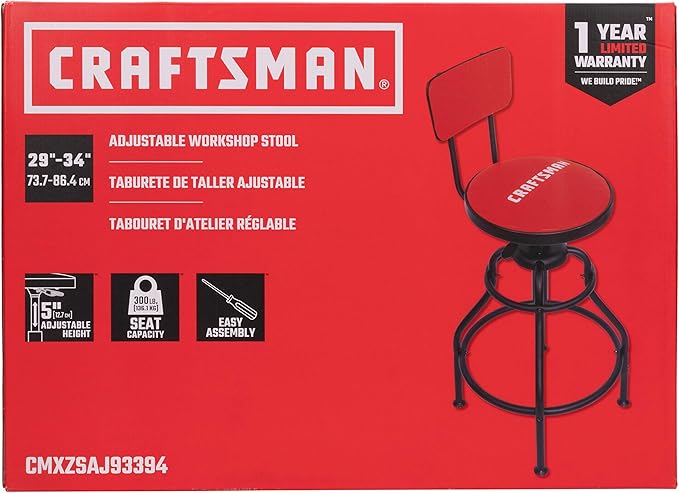 Craftsman Adjustable Height Work Shop Stool, 29 to 34-inches Tall, Rip-Resistant Padded Vinyl Seat, 300-lb Capacity, 360-degree Footrest, Non-Marring Feet