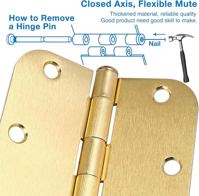 3 Pack Round Door Hinges 3-1/2" x 3.5 inch, 5/8 Radius, Brushed Brass 3 ½ Inch Satin Gold House Interior Hinge for Bed/Living/Guest/Pantry/Storage/Study/Work Room Doors Heavy Duty Iron Hardware Kit