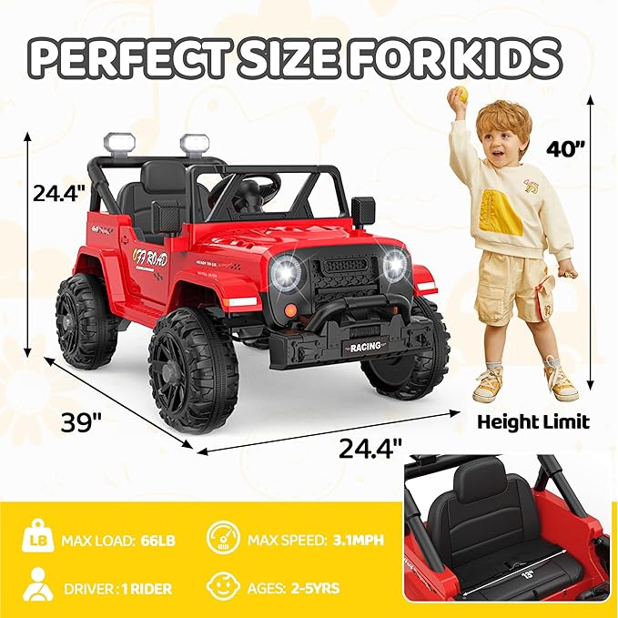 12V Ride On Truck Car with Remote Control, Kids Electric Vehicles with Bluetooth Music, Horn, 3 Speeds, 4 LED Lights, Soft Start, Ride-on Toy for Toddler Boys & Girls (Red)
