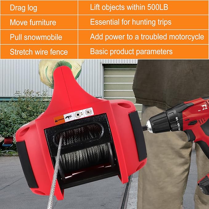 Portable Drill Winch, Rotate The Hook 360 Degrees, Red Handheld Drill Winch/Hoist of 750 LB Capacity with 40 Foot Alloy Wire Rope for Lifting & Dragging, Stretched Wire Fence, Log Handling.