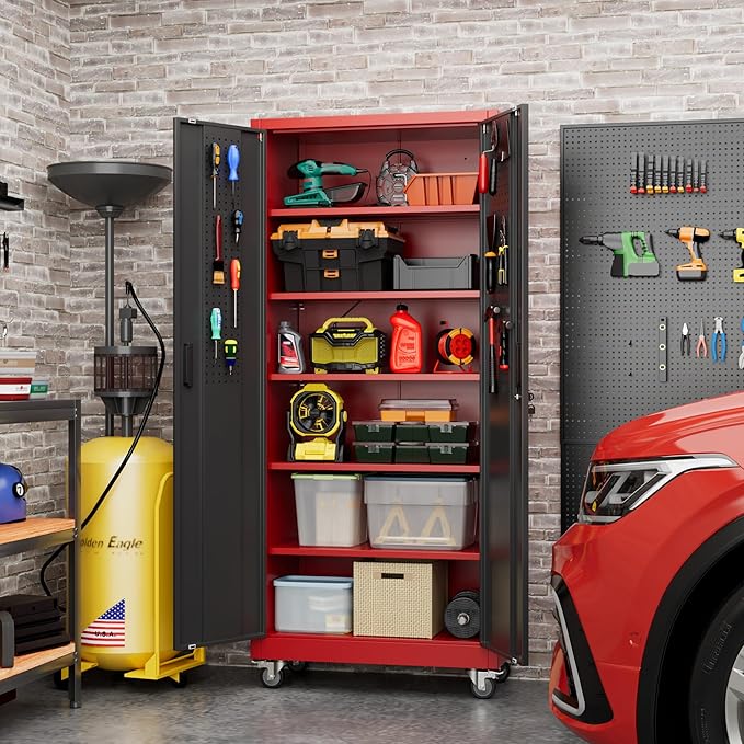 Garage Storage Cabinet with Pegboard and 5 Adjustable Shelves, 71'' x 32'' x 16''Metal Lockable Cabinet with Magnetic Doors,Tool Storage,Home Office Garage,Gym,School (Black-red)