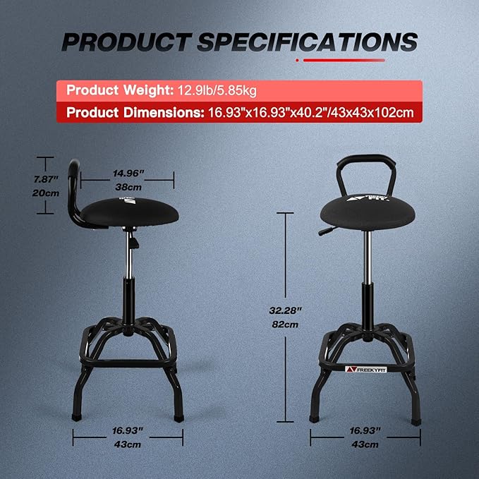 Garage Stool, Adjustable Height Swivel Work Mechanic Shop Stool with Backrest, Pneumatic Shop Chair for Home, Workshop, 300 LBS Capacity, 360° Rotation, Heavy Duty, Black