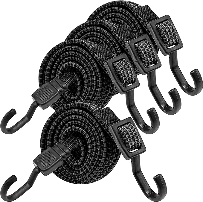 Bungee Cords with Hooks Heavy Duty, Flat Adjustable Bungee Cords with Hooks 60 Inch, Rubber Black Bungee Straps with Buckle Hooks for Outdoor, Camping, Tarps, Bike Rack, Tent, Truck, 4 Pack