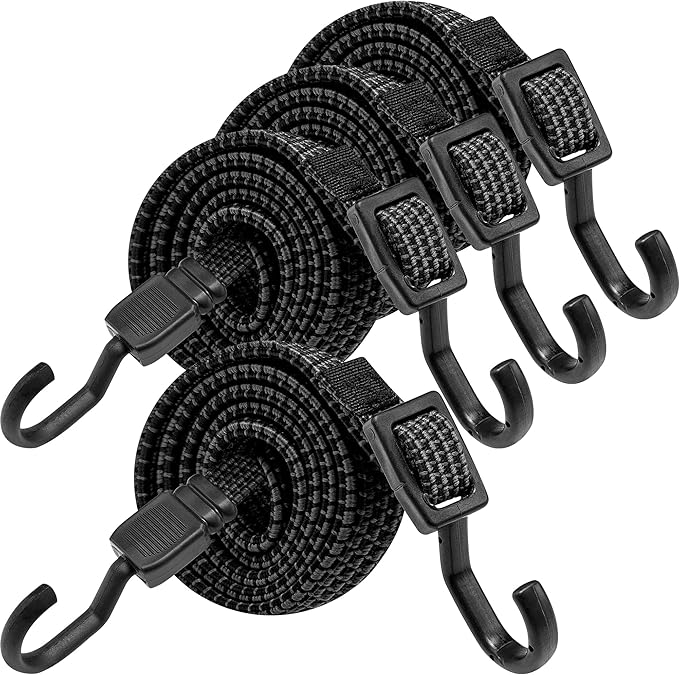 Bungee Cords with Hooks Heavy Duty, Flat Adjustable Bungee Cords with Hooks 32 Inch, Rubber Black Bungee Straps with Buckle Hooks for Outdoor, Camping, Tarps, Bike Rack, Tent, Truck, 4 Pack