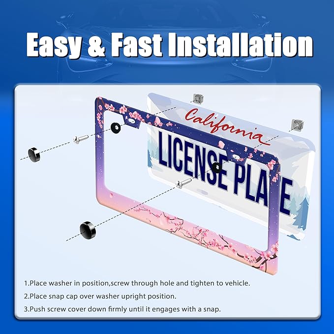 Cherry Blossom License Plate Frame Pink Flowers Floral License Plate Stainless Steel Funny License Plate Holder Women Car Accessories Decoration with Screws Fits Standard Vehicles Size 12.3" x 6.3"