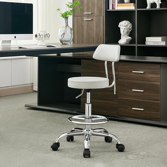 Drafting Stool (Height Adjustable Office Chair with Footrest 19.5’’-26.6’’)(Drum Stool with Back) Space Saving Tattoo Chair (Gray)