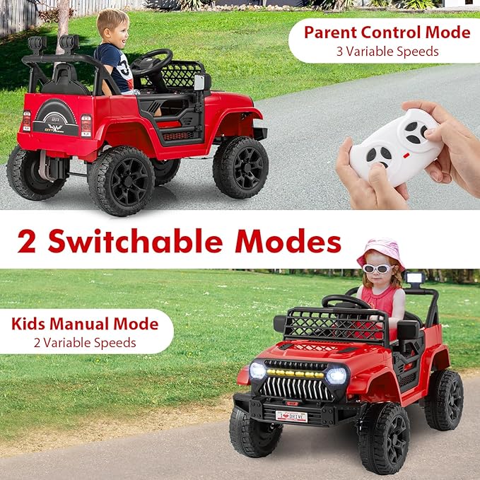 Costzon Kids Ride On Truck, 12V Battery Powered Electric Vehicles w/Remote Control, Spring Suspensions, 3 Speeds, Music, Lights, Wireless Connection, Ride on Car for Boys & Girls 3+ (Red)