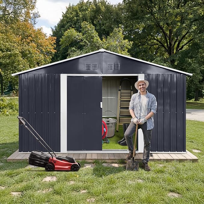 11.2' x 10.6' XL Outdoor Storage Shed, Sturdy Metal Building w/Windows & Lockable Doors for Garden, Backyard, Poolside and Lawn, Anthracite
