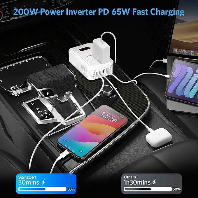 200W Car Power Inverter DC 12V to 110V AC Inverter with PD 65W/30W USB C & 2 QC 18W USB Ports & 2 AC Outlets,Car Pluɡ Adapter Outlet for Laptop/Phone/Road Trip