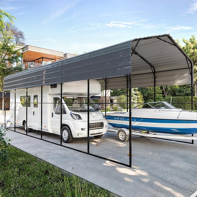 EROMMY 14x30 FT RV Carport, Heavy Duty Car-Port with Reinforced Metal Frame, Weather-Resistant Galvanized Steel Roof Shelters, Outdoor Car-Shed for RV, 2 Vehicles, Truck, Boat and SUV, Gray