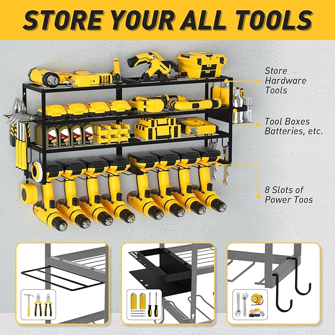 Large Power Tool Organizer Wall Mount for Fathers Dad, 4 Layers Heavy Duty Metal Garage Organization Loads 360lbs with 8 Cordless Drill Holder, Power Tool Shelf for Garage Workshop, Utility Racks