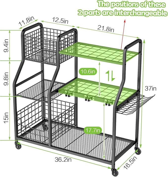 Garden Tool Organizer for Garage, 3 Tier Utility Yard Tool Organizer and Storage Holder with Wheels, Large Garden Tool Rack with Extra Storage Basket for Shed/Garage/Yard/Basement/Lawn