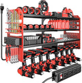 Large Power Tool Organizer Wall Mount with Charging Station, 4 Layer Heavy Duty Metal Cordless Tool Organizer, Tool Storage Rack with 8 Cordless Drill Holder Screwdriver Hammer(Red)