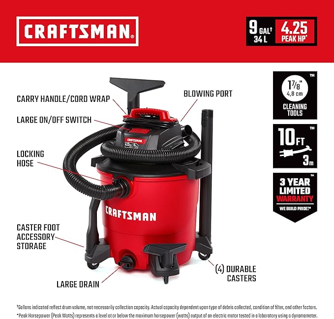 CRAFTSMAN CMXEVBE18690 9 Gallon 4.25 Peak HP Wet Dry Vac, Portable Shop Vacuum Wet and Dry with Filter, Dust Bag, Dusting Brush, Hose and Attachments for Home, Garage and Automotive Cleaning