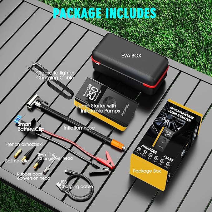 Portable Car Jump Starter with Air Compressor,4000A 150PSI 12V Car Battery Jump Starter,Jump Box Battery(10L Gas/8L Diesel),with Jumper Cables,3 Modes Flashlight,23000mah Power Pack,LCD Display