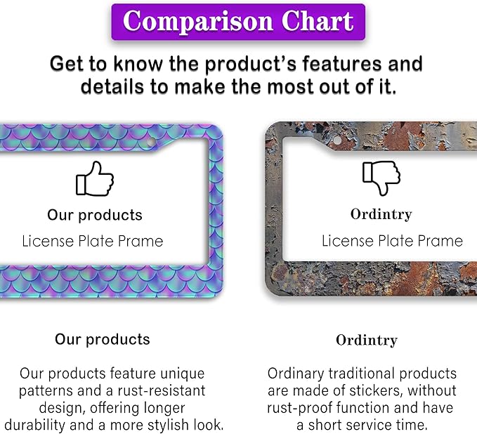 License Plate Frames for Men Purple; License Plate Frame for Women Mermaid Purple Scales Aluminum Metal Car Accessory 2 Pack with Screw Covers Set