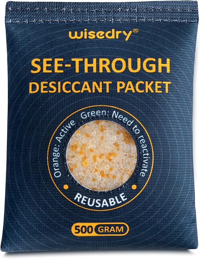 wisedry 2 x 500 Gram See-Through Silica Gel Packets, Color-Indicating Desiccant Packs for Storage, Reusable Safe Dehumidifier, Heat Resistant Dehumidifier Bags