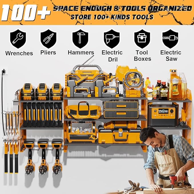 Power Tool Organizer Wall Mount with Charging Station, 45.5" Garage Organization Wall Mounted, 3 Layers Electric Cordless Drill Holder with Outlet Power Strips, Garage Tool Storage for Impact Wrenches