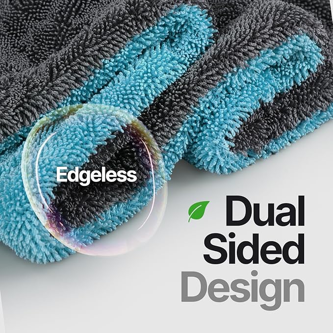 Microfiber towels for cars - 1300GSM X Large size Double twisted loop 2pcs - 70/30 Blend Quick Dry High absorbent Edgeless Streak free - Car drying towel for detailing 24x36″ & 12x12 (Grey+ Aqua Blue)