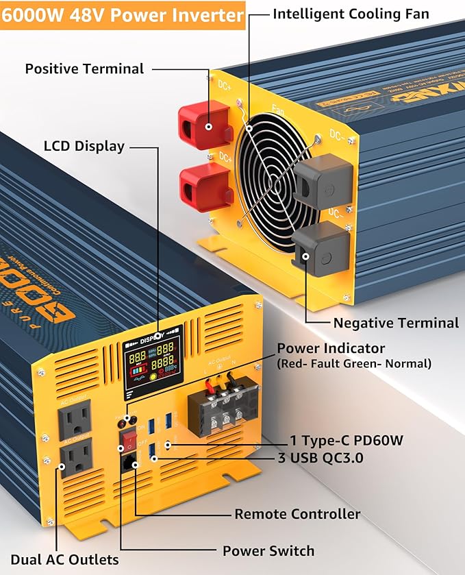 6000 Watt Power Inverter Pure Sine Wave 48V DC to 110V 120V Heavy Duty Inverter with Remote Control and LED Display, 4 USB/Type-C Ports & 2 AC Outlets Car Charger for Vehicles RV