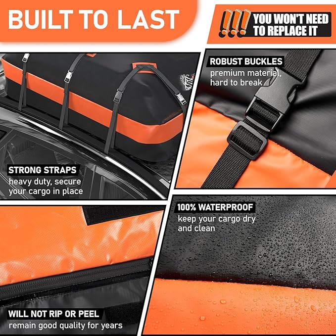 Asinking Car Roof Bag Rooftop top Cargo Carrier Bag 15 Cubic feet Waterproof for All Cars with/Without Rack, Includes Anti-Slip Mat, 10 Reinforced Straps, 6 Door Hooks, Luggage Lock