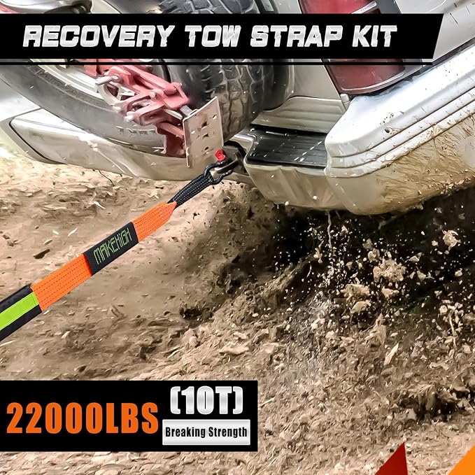MAIKEHIGH Tow Strap Heavy Duty with Hooks, 2"×16ft 22,000Lbs Tow Rope with D-Ring Shackles (2pcs) + Protective Gloves (2pcs), Emergency Recovery Strap for Car Truck SUV ATV (Orange)